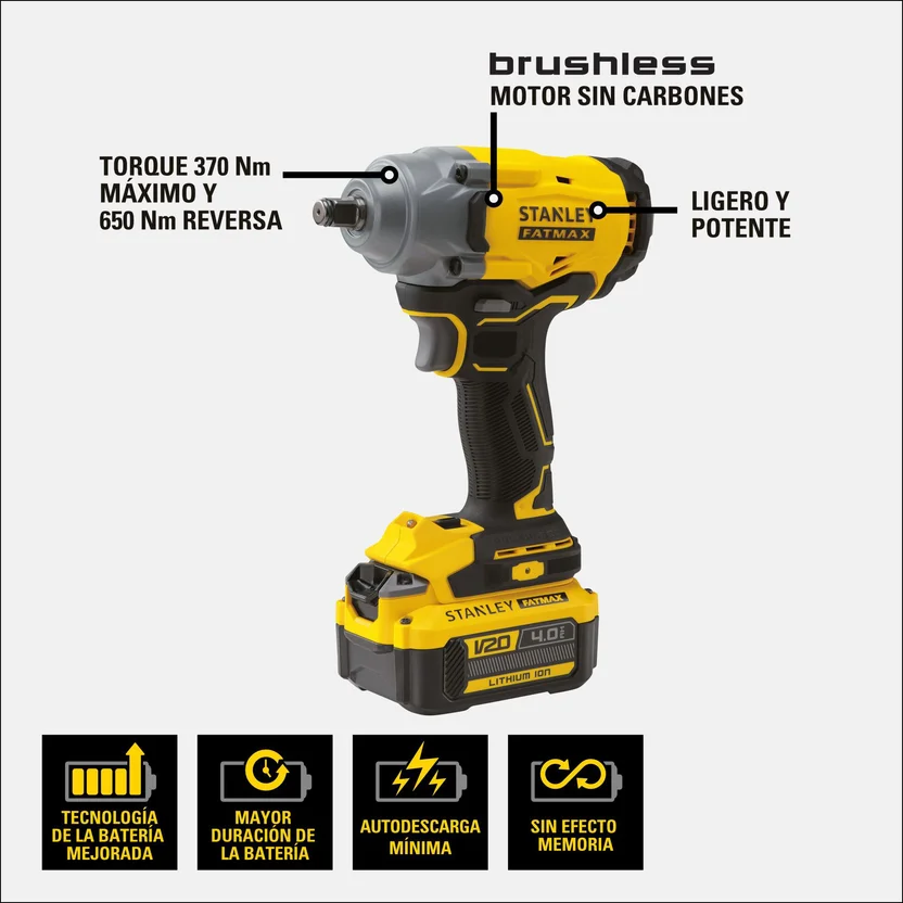 LLAVE DE IMPACTO 1-2" 20V 370NM 1900RPM 2BATERIAS 4.0AH CARGADOR (SBW920M2K-B3) STANLEY - Vista 2
