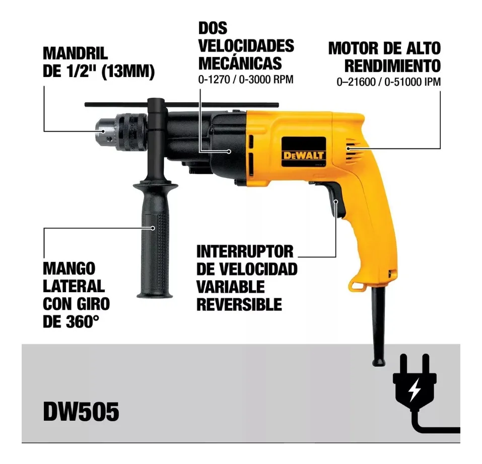 TALADRO PERCUTOR 1-2" - 7.8AMP - 3.000RPM (DW505C-B3) DEWALT - Vista 2