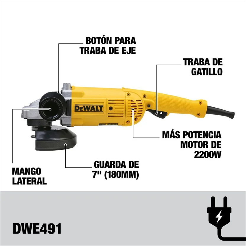 PULIDORA 7" 2200W - 8500RPM (DWE491-B3) DEWALT
(Sin Discos) - Vista 2