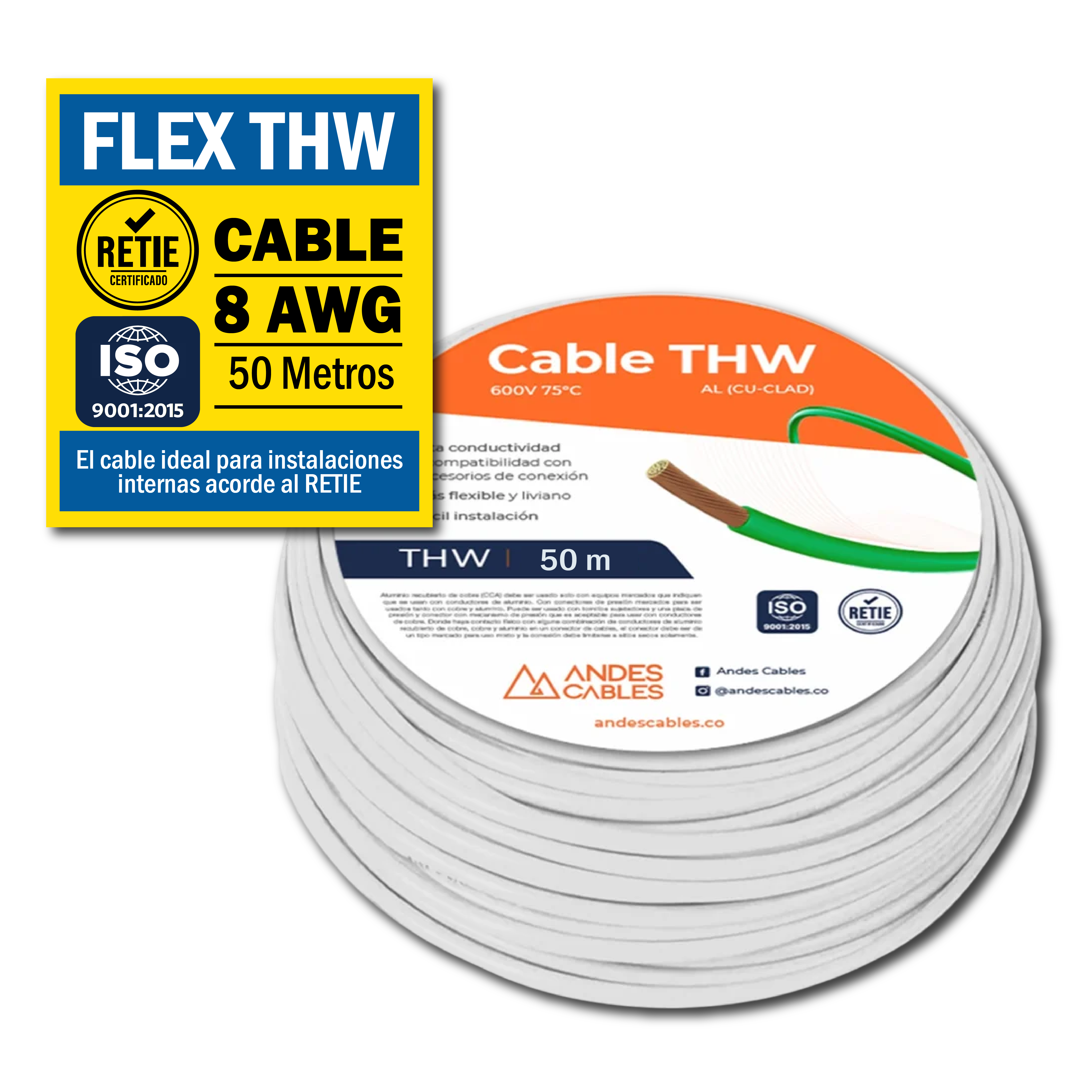 CABLE FLEX THW 8 AWG BLANCO x50Mts (110250) ANDES