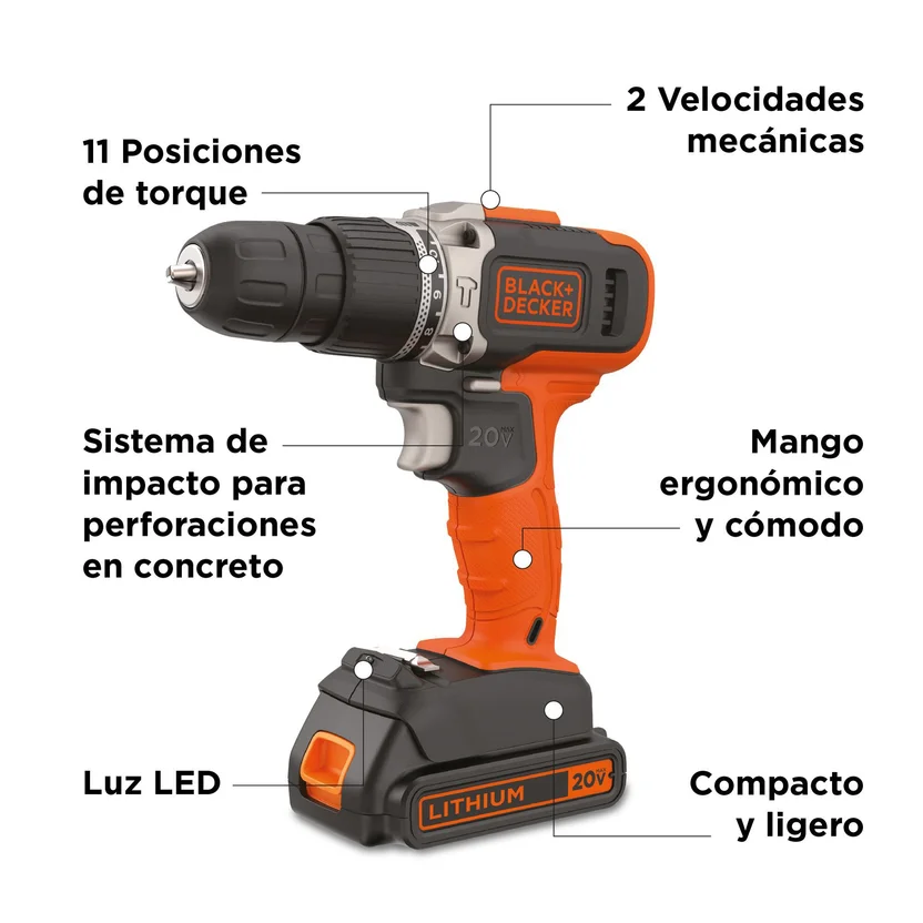 TALADRO PERCUTOR INALAMBRICO 3-8 - 20V (BCD704C1-B3) BLACK&DECKER - Vista 3